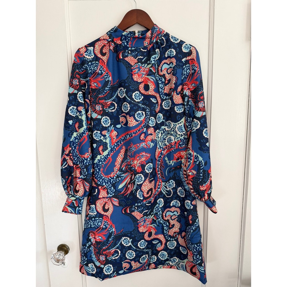 CK Bradley Dress Womens S Blue Dragon Print Long Sleeve Mock Neck Mini Shift